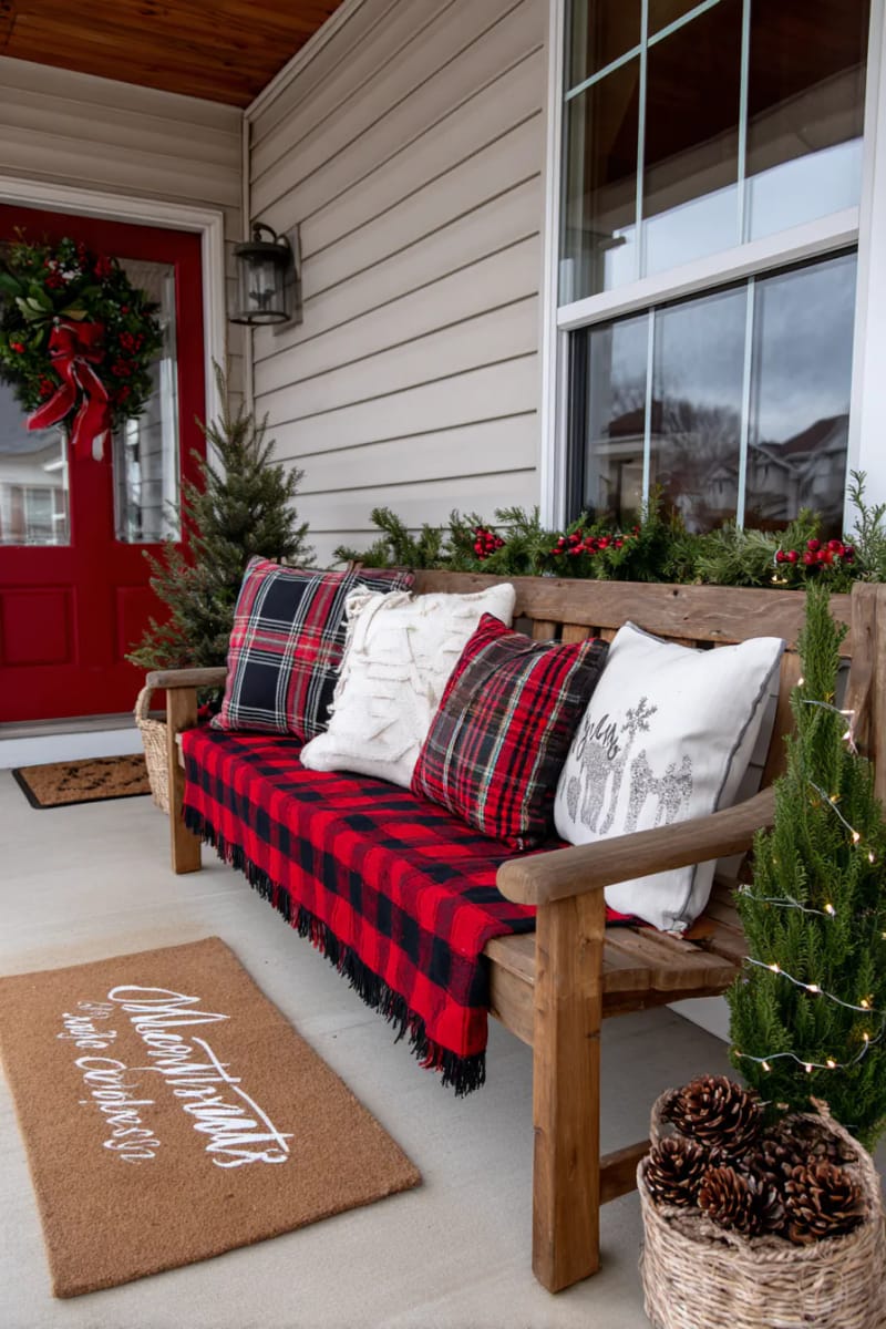 plaid blanket draped over porch bench with festive throw pillows 1
