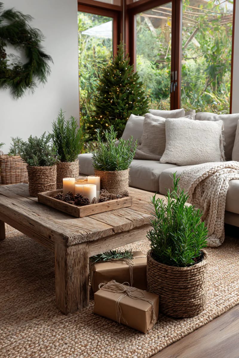 potted rosemary or pine trees as living décor that can be replanted 1