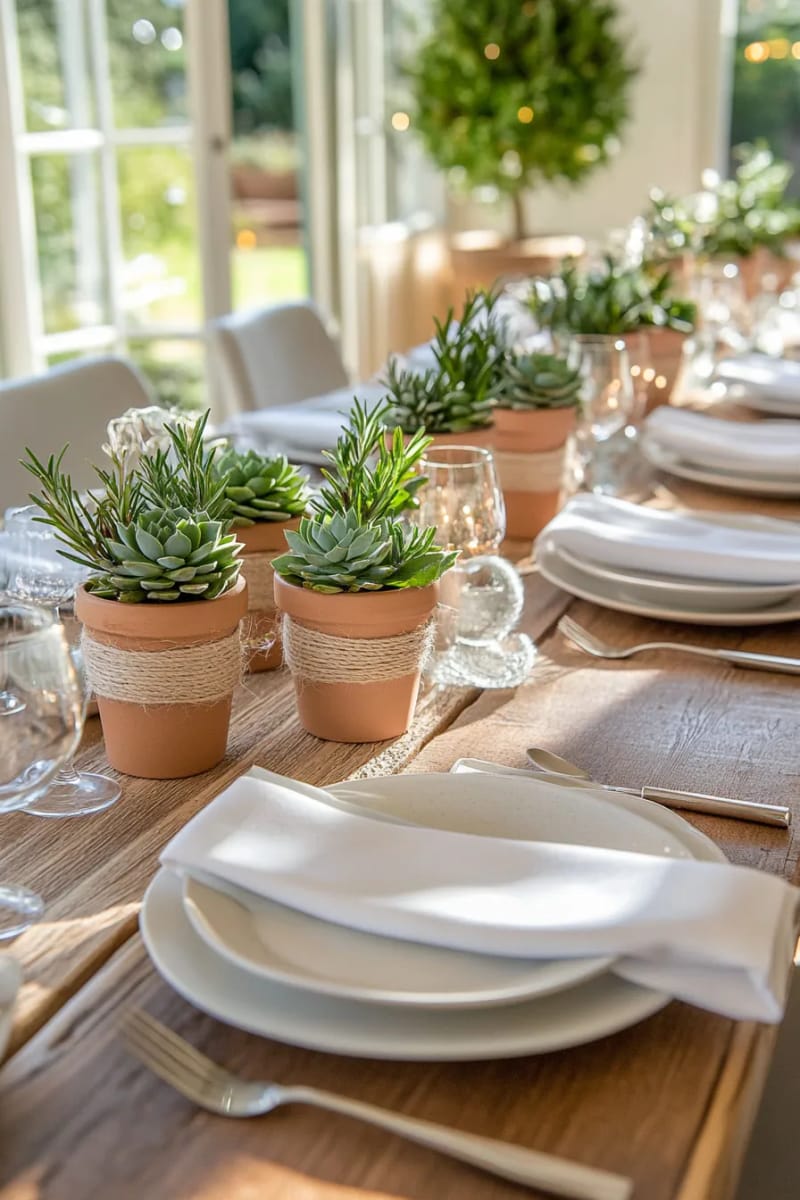 potted succulents dressed with twine and rosemary sprigs 1