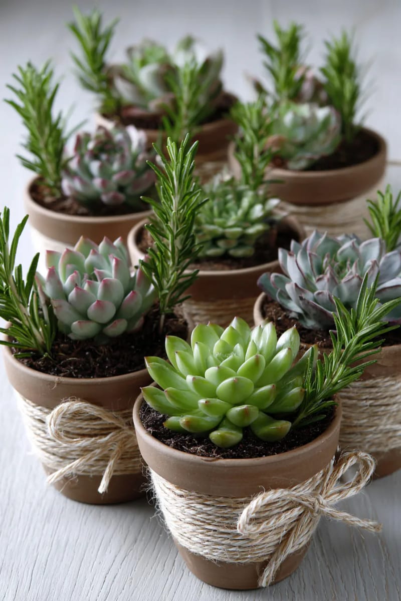 potted succulents dressed with twine and rosemary sprigs 1