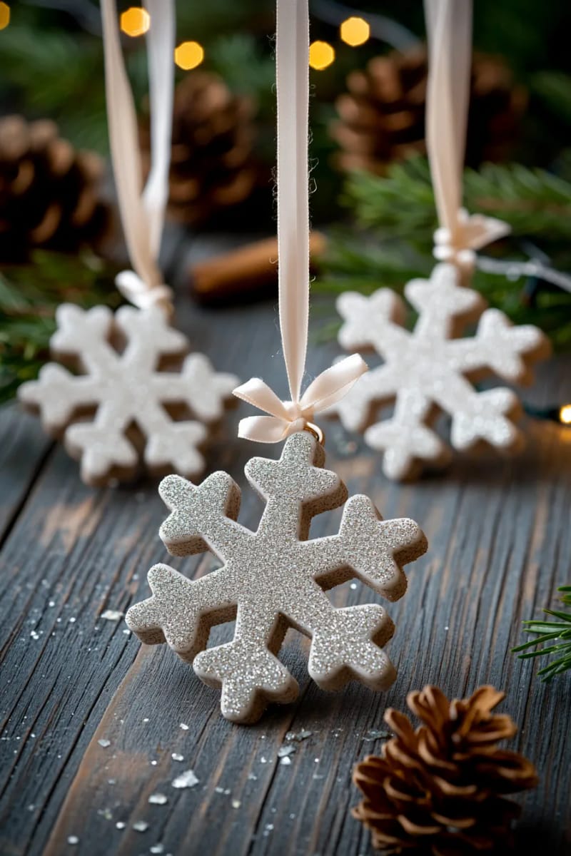 29 Upcycled Christmas Crafts For Unique Holiday DIY Projects 66 puzzle piece snowflake ornaments painted white and dusted with glitter 1