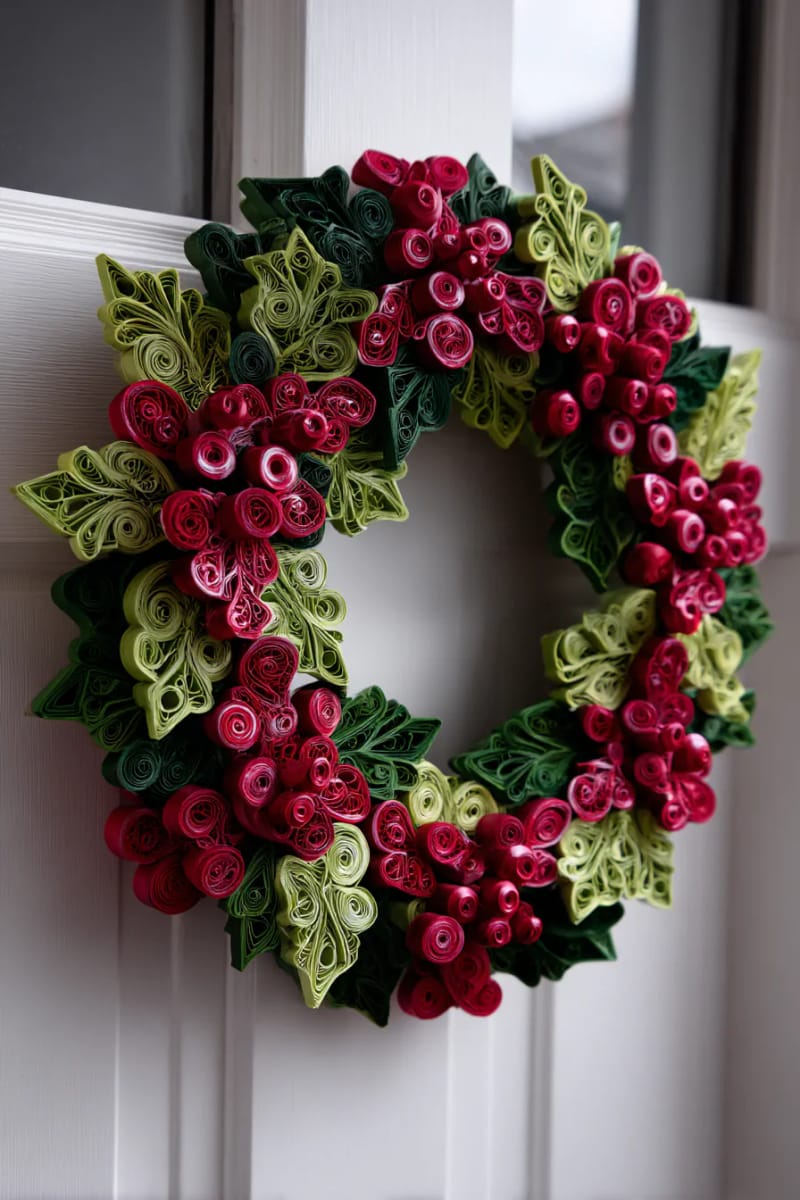 quilling red and green holly wreath for a festive door accent 1