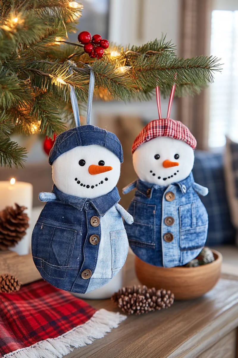 quilted denim snowman ornaments with mismatched button eyes 1