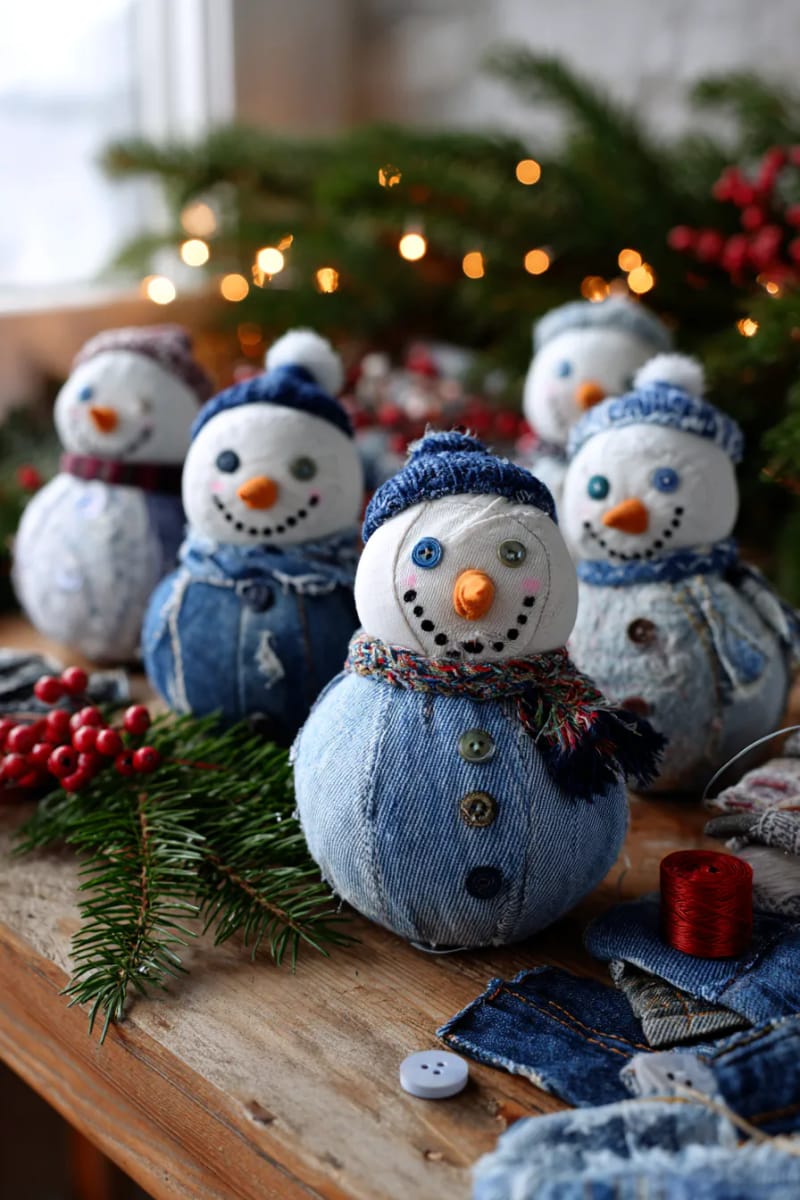 quilted denim snowman ornaments with mismatched button eyes 1