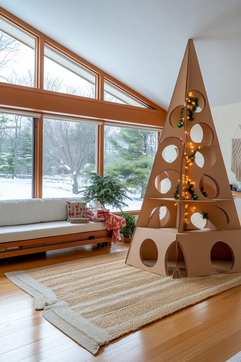 recycled cardboard sculptural tree with geometric cutouts 1