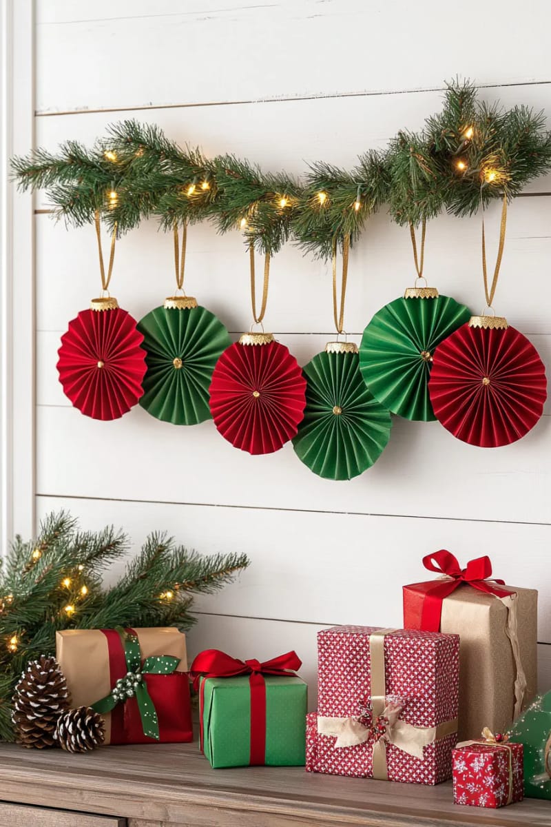 27 Unique & Cheap Paper Christmas Decorations That Wow! 3 red and green accordion medallion ornaments with scalloped paper edges 1