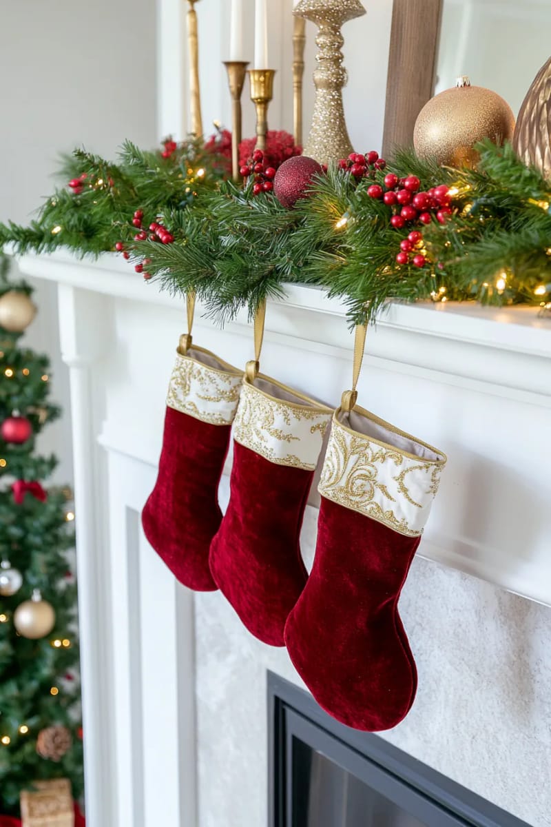 23 Elegant Christmas Decor Ideas You’ve Never Seen Before 41 red velvet and gold-trimmed stockings hung with antique brass holders 1