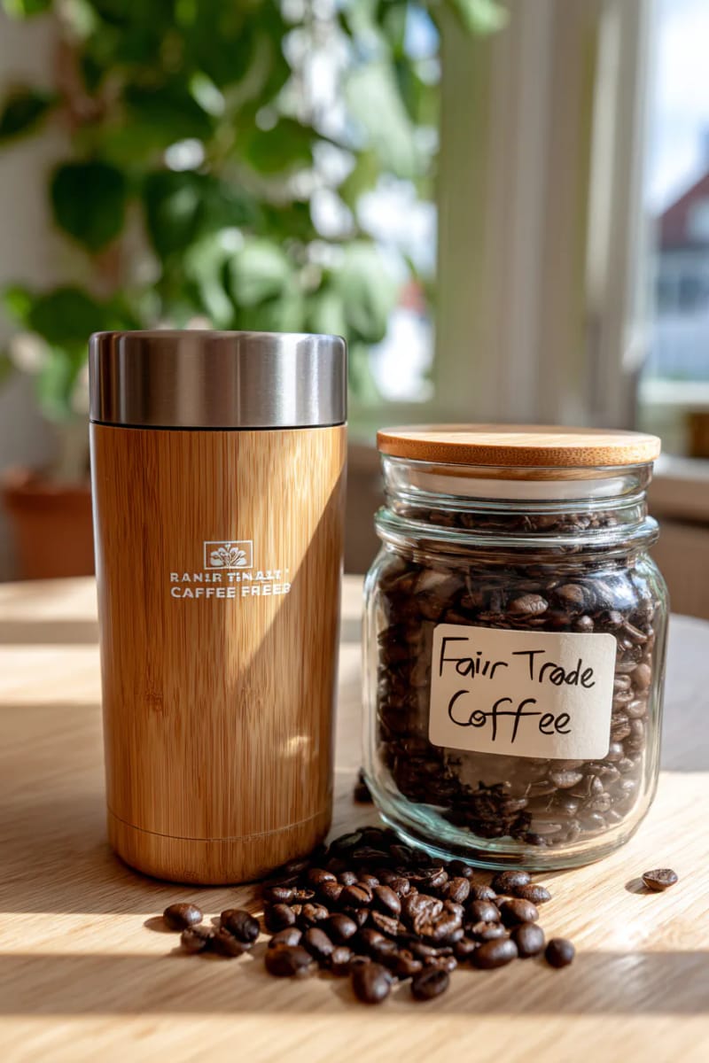 refillable bamboo travel mug paired with fair trade coffee 1