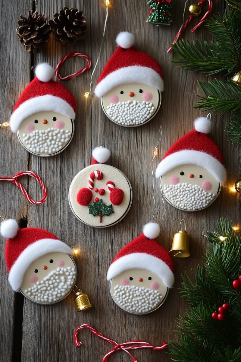 29 Upcycled Christmas Crafts For Unique Holiday DIY Projects 33 repurposed cookie tin lids transformed into santa face wall art 1
