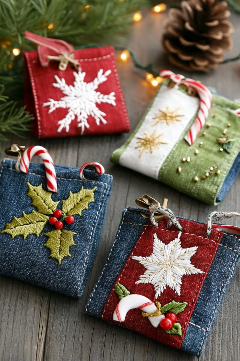 29 Upcycled Christmas Crafts For Unique Holiday DIY Projects 50 repurposed denim pocket gift card holders with festive embroidery 1