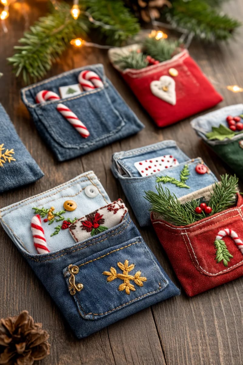 29 Upcycled Christmas Crafts For Unique Holiday DIY Projects 52 repurposed denim pocket gift card holders with festive embroidery 1