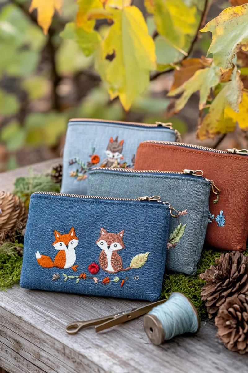 29 Eco-Friendly Christmas Gift Ideas DIY for a Thoughtful Holiday 54 repurposed denim zipper pouches with embroidered woodland creatures 1