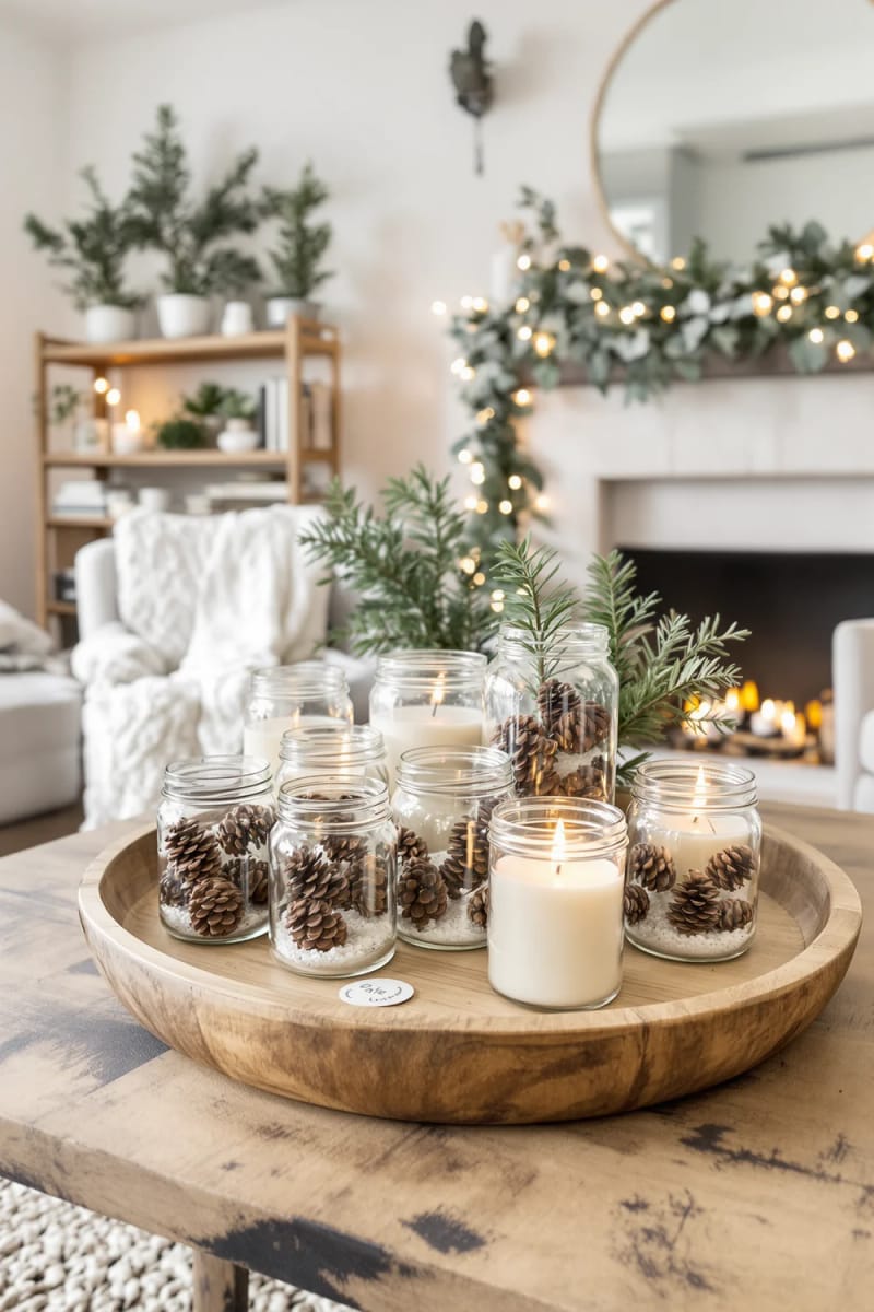repurposed glass jars filled with soy candles and pinecones for table accents 1