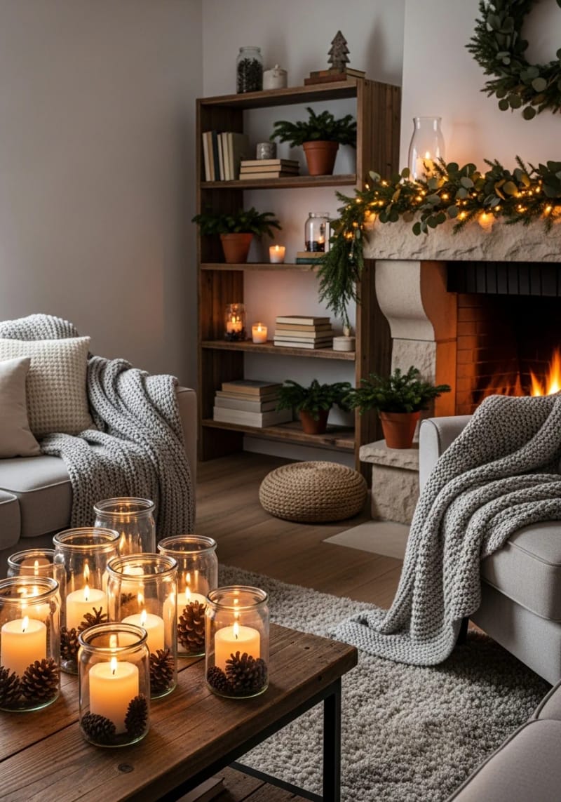 repurposed glass jars filled with soy candles and pinecones for table accents 1