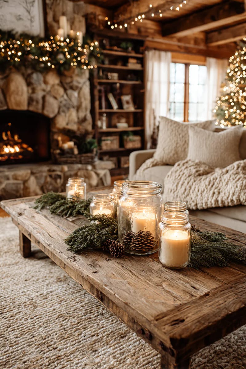 repurposed glass jars filled with soy candles and pinecones for table accents 1