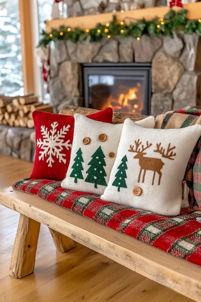 repurposed sweater pillow covers with festive cabin motifs 1