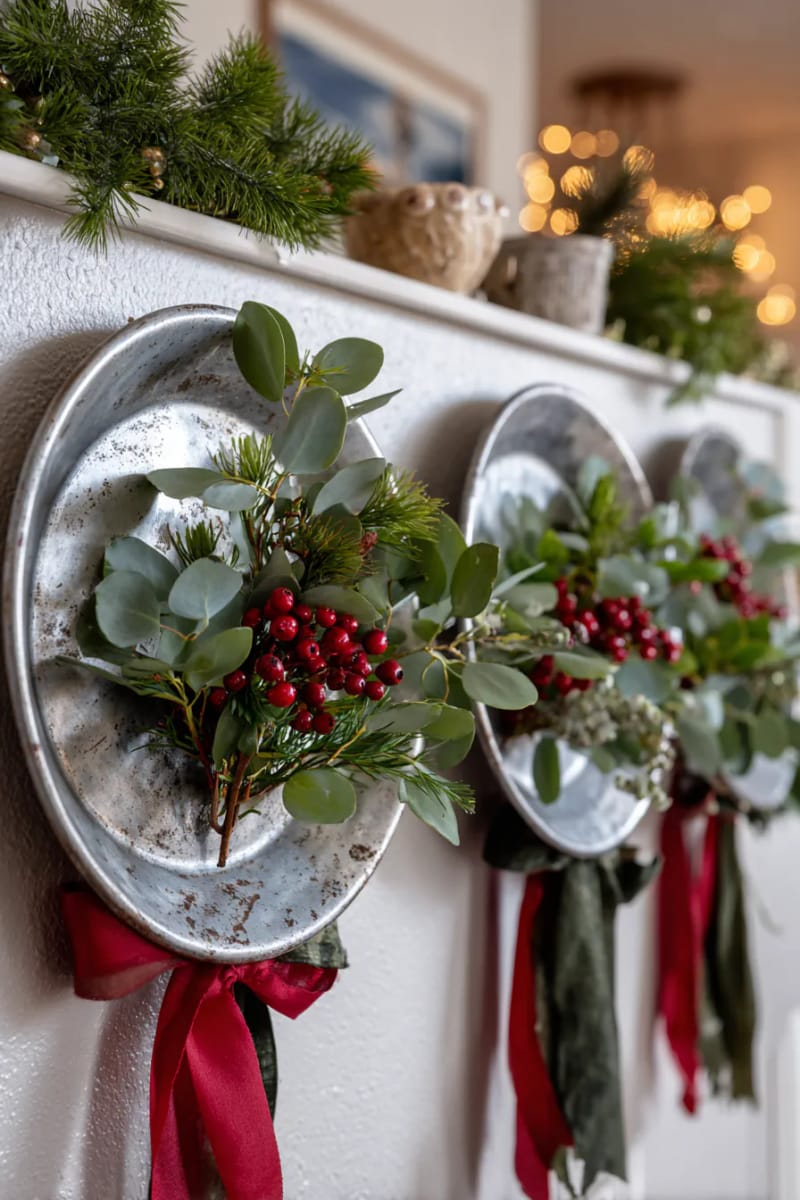 repurposed tin pie pan wall art with greenery and ribbons 1