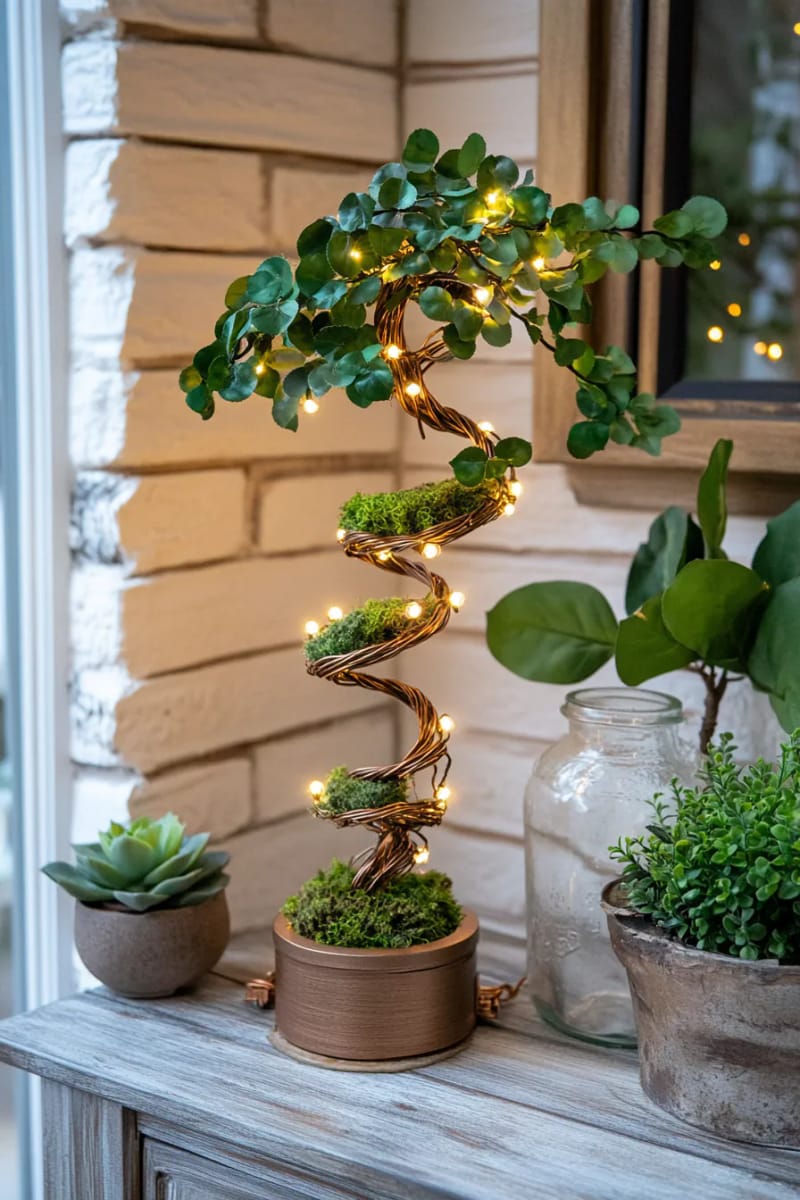 repurposed wire frame tree wrapped in greenery 1