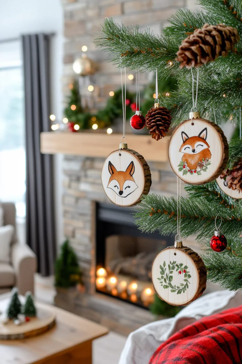 repurposed wood slice ornaments painted with woodland animals 1