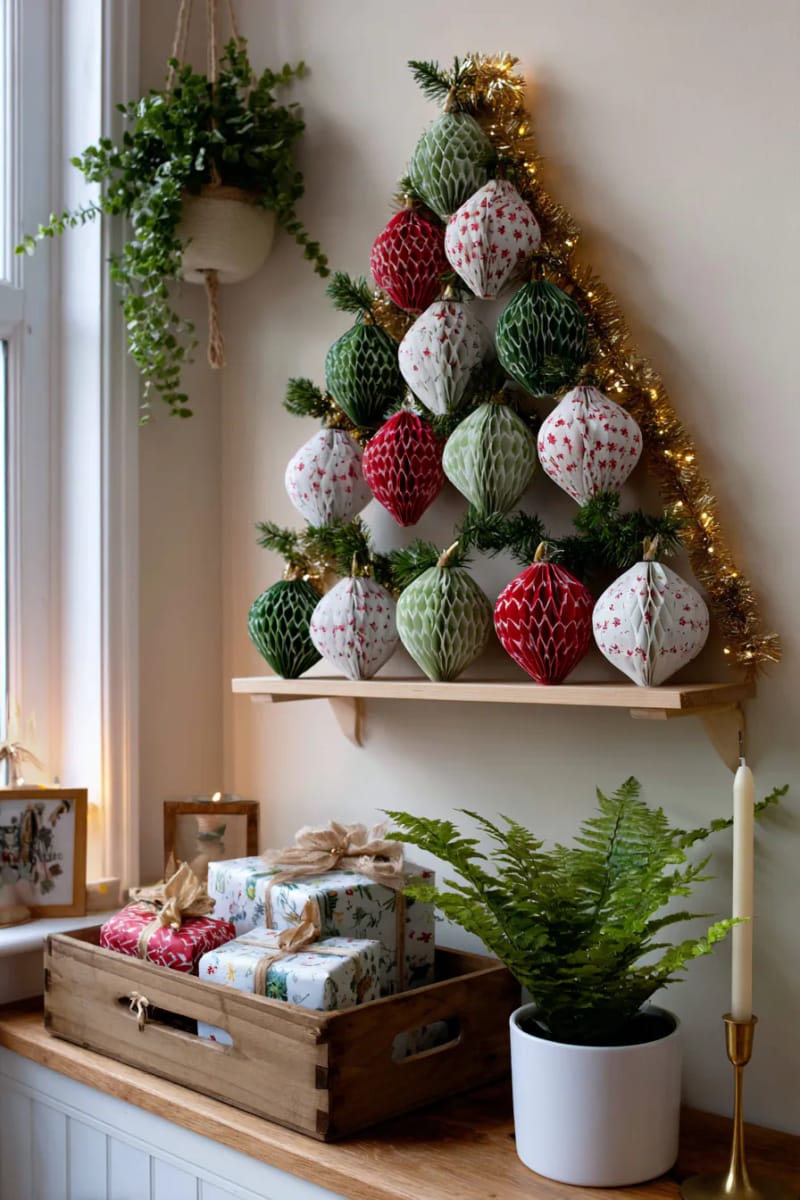 retro paper bauble wall tree for small-space christmas celebrations 1