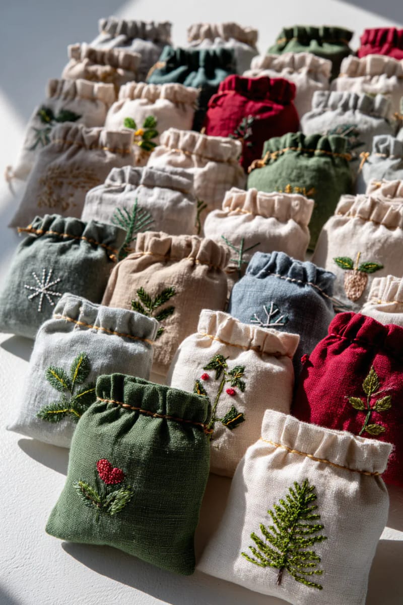 reusable cloth advent calendar pockets with nature motifs. 1