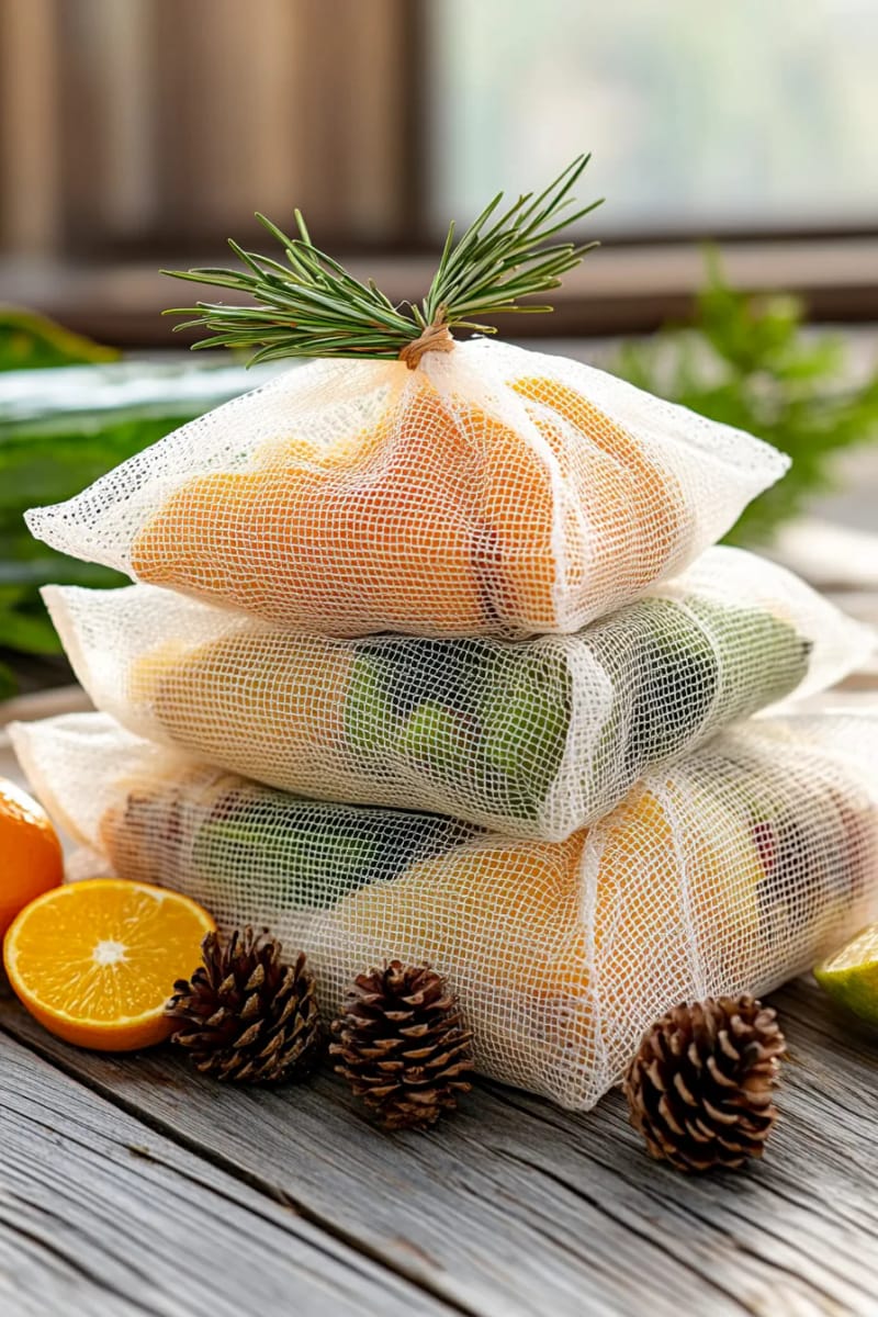 reusable produce bags tied with pine needles and twigs 1