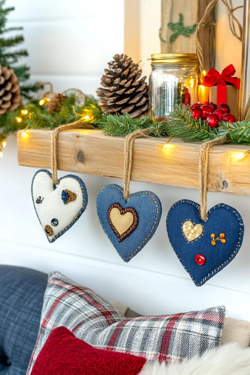 rustic garland of denim hearts, each with unique embroidery and beads 1