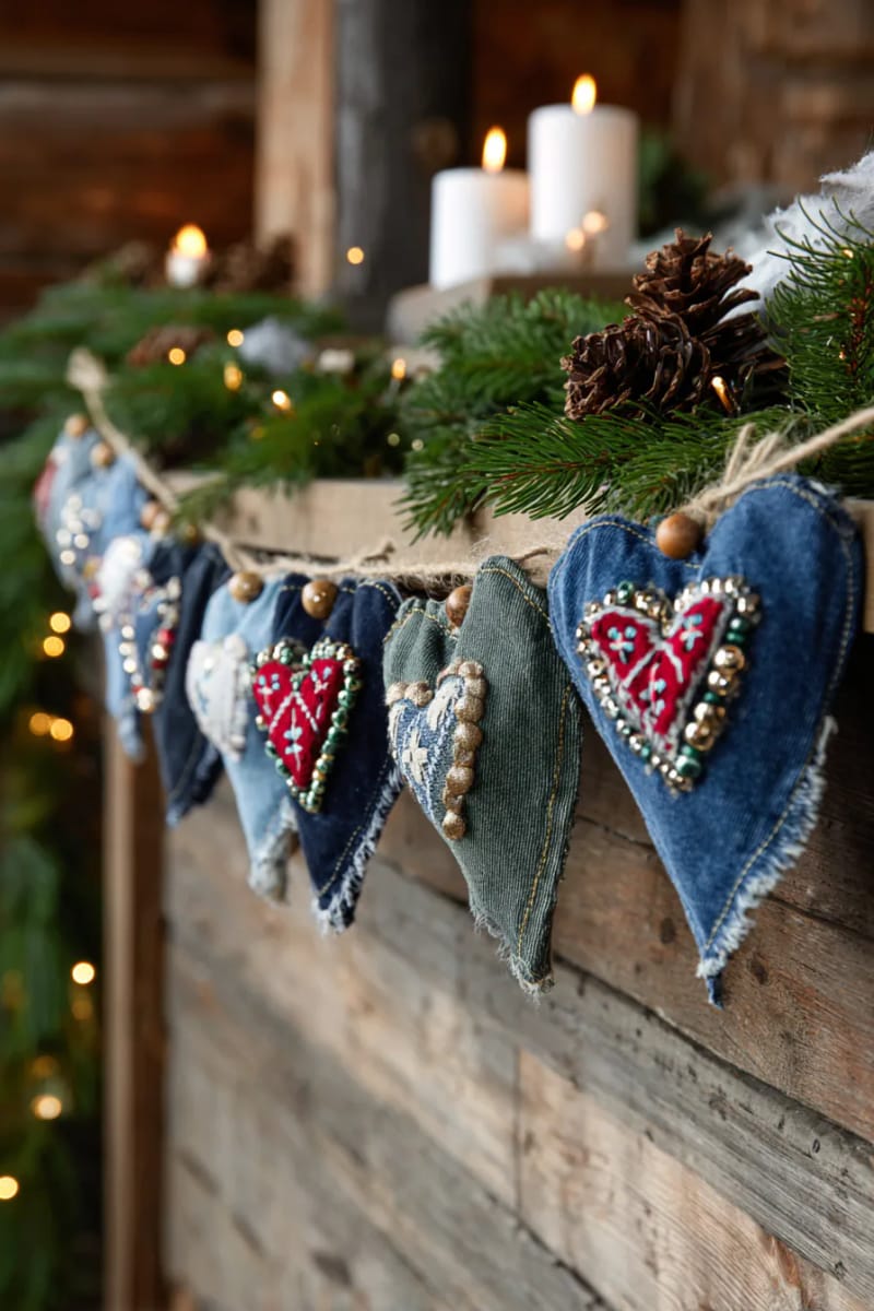 rustic garland of denim hearts, each with unique embroidery and beads 1