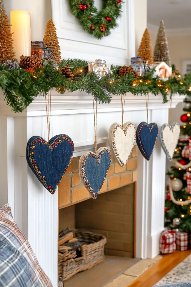 rustic garland of denim hearts, each with unique embroidery and beads 1