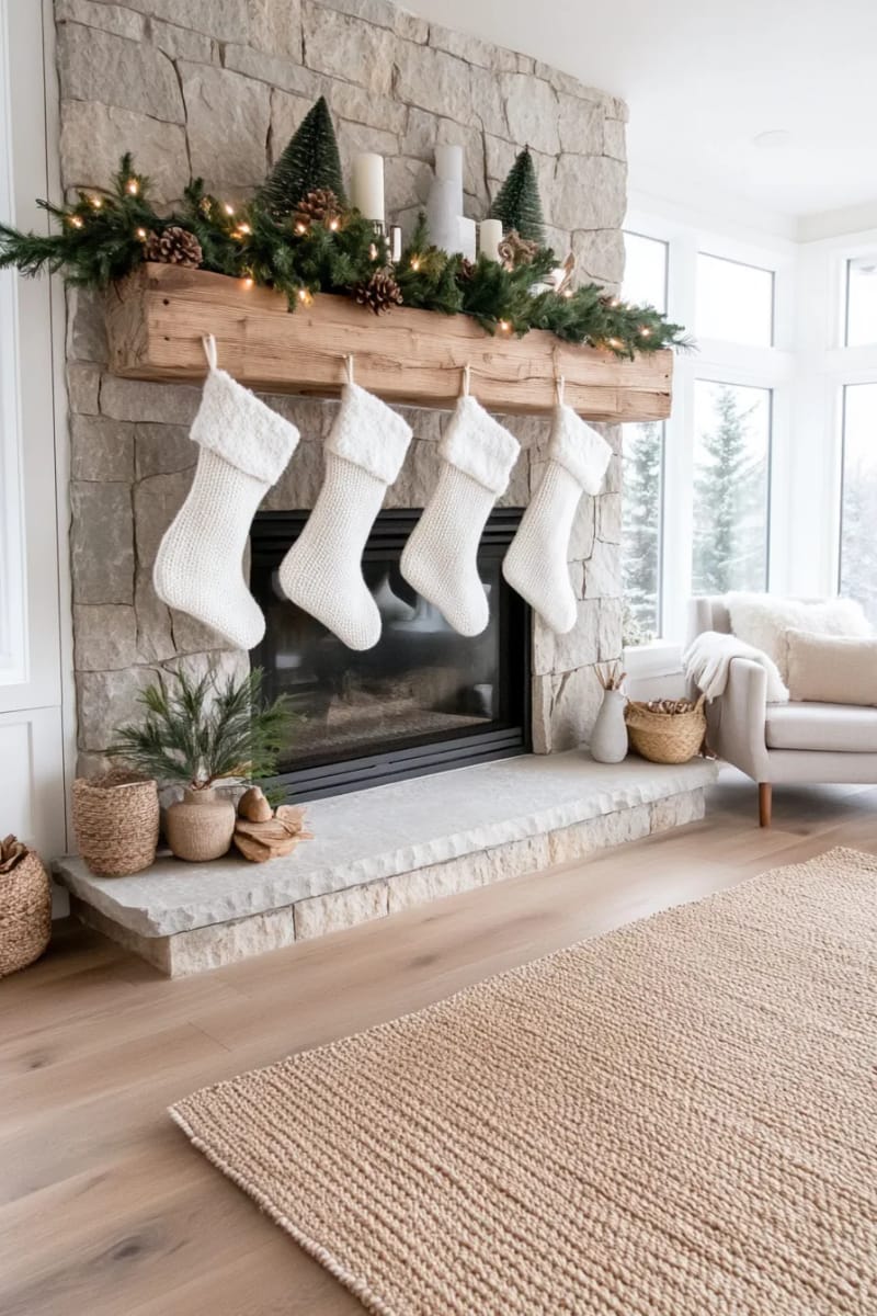 rustic jute stockings with white pom-pom trim on the mantle 1