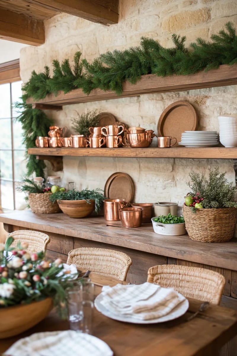 27 Rustic Christmas Decoration Ideas For Your Farmhouse 124 rustic kitchen shelf styled with copper mugs and pine garlands 1