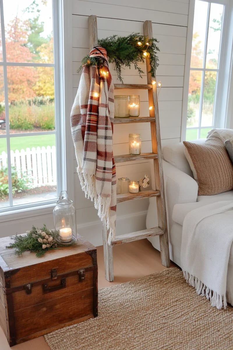 27 Rustic Christmas Decoration Ideas For Your Farmhouse 48 rustic ladder draped in plaid blankets and fairy lights 1
