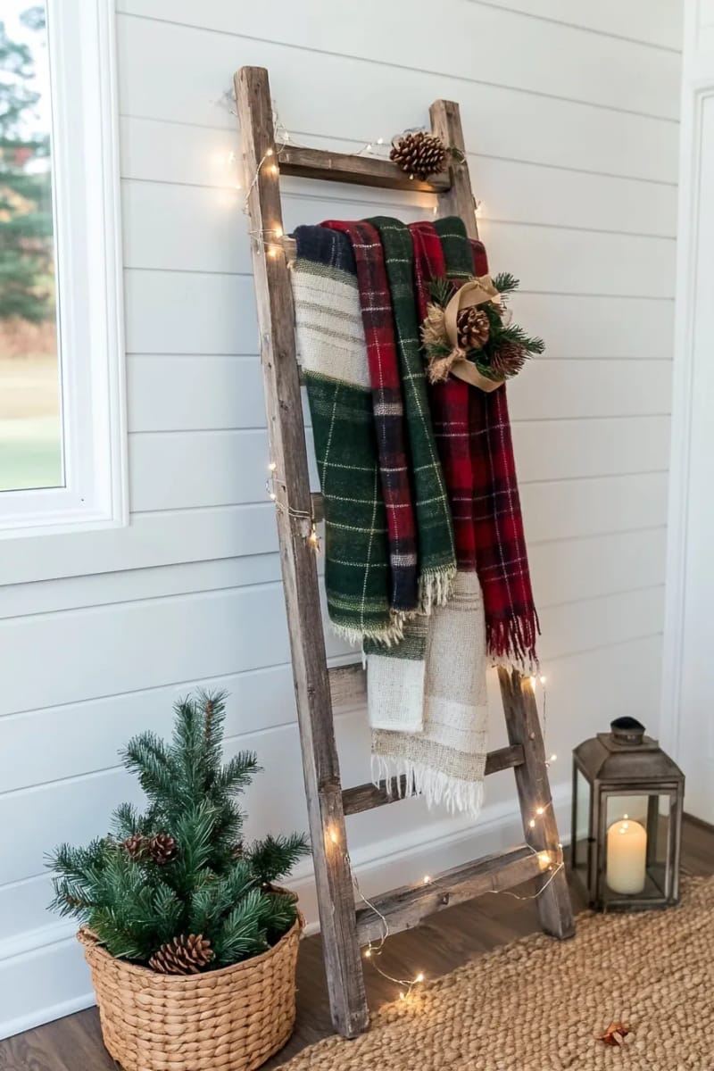 27 Rustic Christmas Decoration Ideas For Your Farmhouse 49 rustic ladder draped in plaid blankets and fairy lights 1