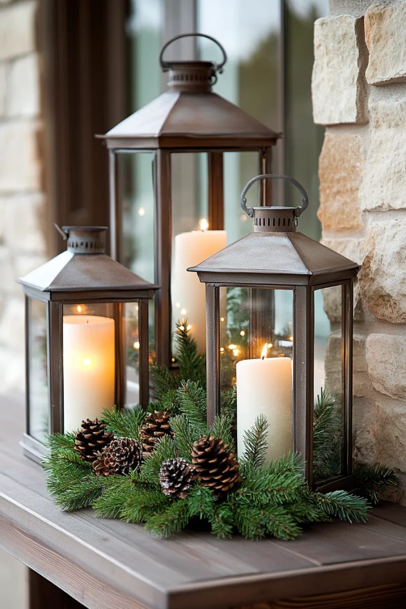 rustic lanterns filled with pine branches, pinecones, and warm fairy lights 1
