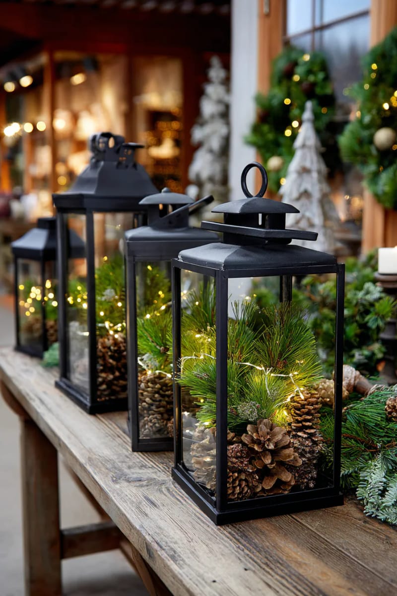 rustic lanterns filled with pine branches, pinecones, and warm fairy lights 1