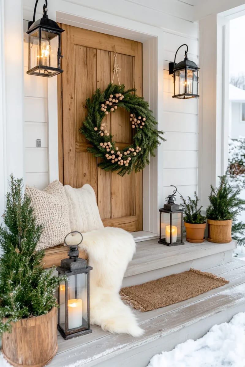 rustic pine branch wreath with minimalist felt berries 1