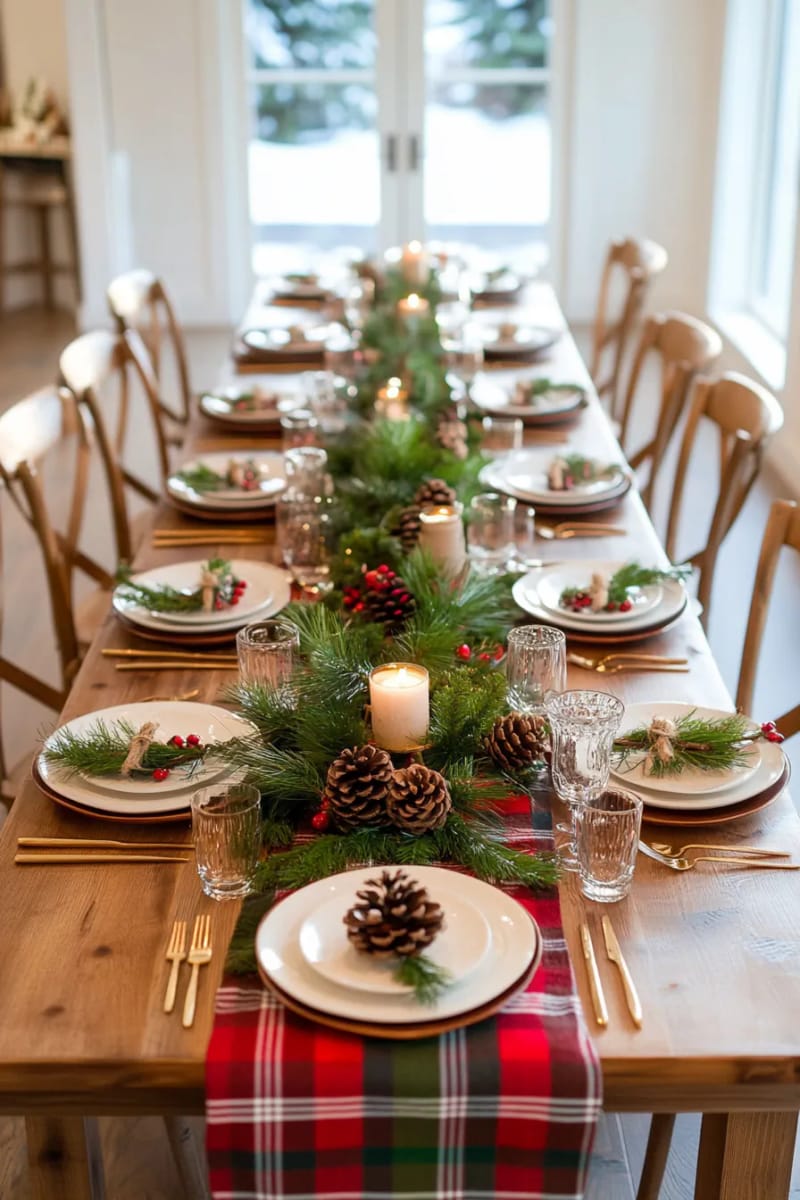 27 Rustic Christmas Decoration Ideas For Your Farmhouse 166 rustic table runner of plaid fabric and evergreen sprigs 1