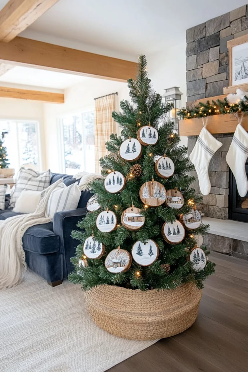 rustic wood slice ornaments painted with snowy winter scenes 1
