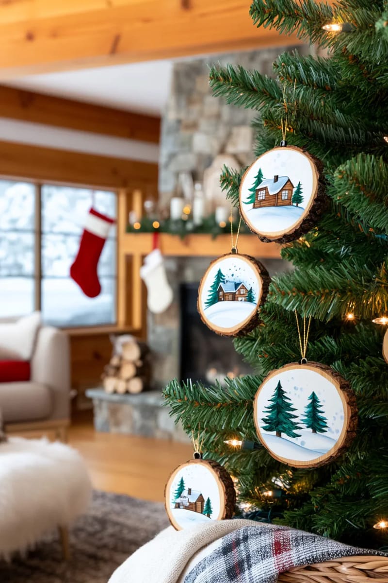 rustic wood slice ornaments painted with snowy winter scenes 1