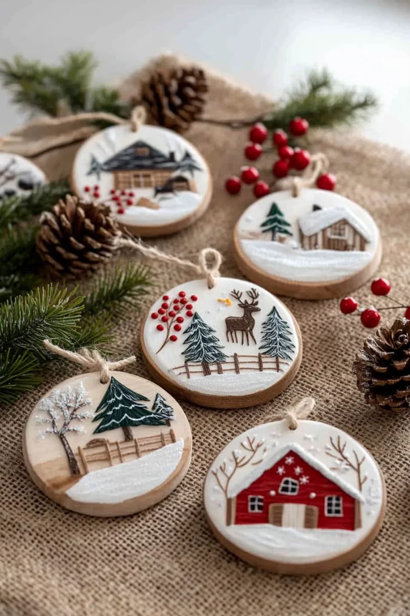 rustic wood slice ornaments painted with snowy winter scenes 1