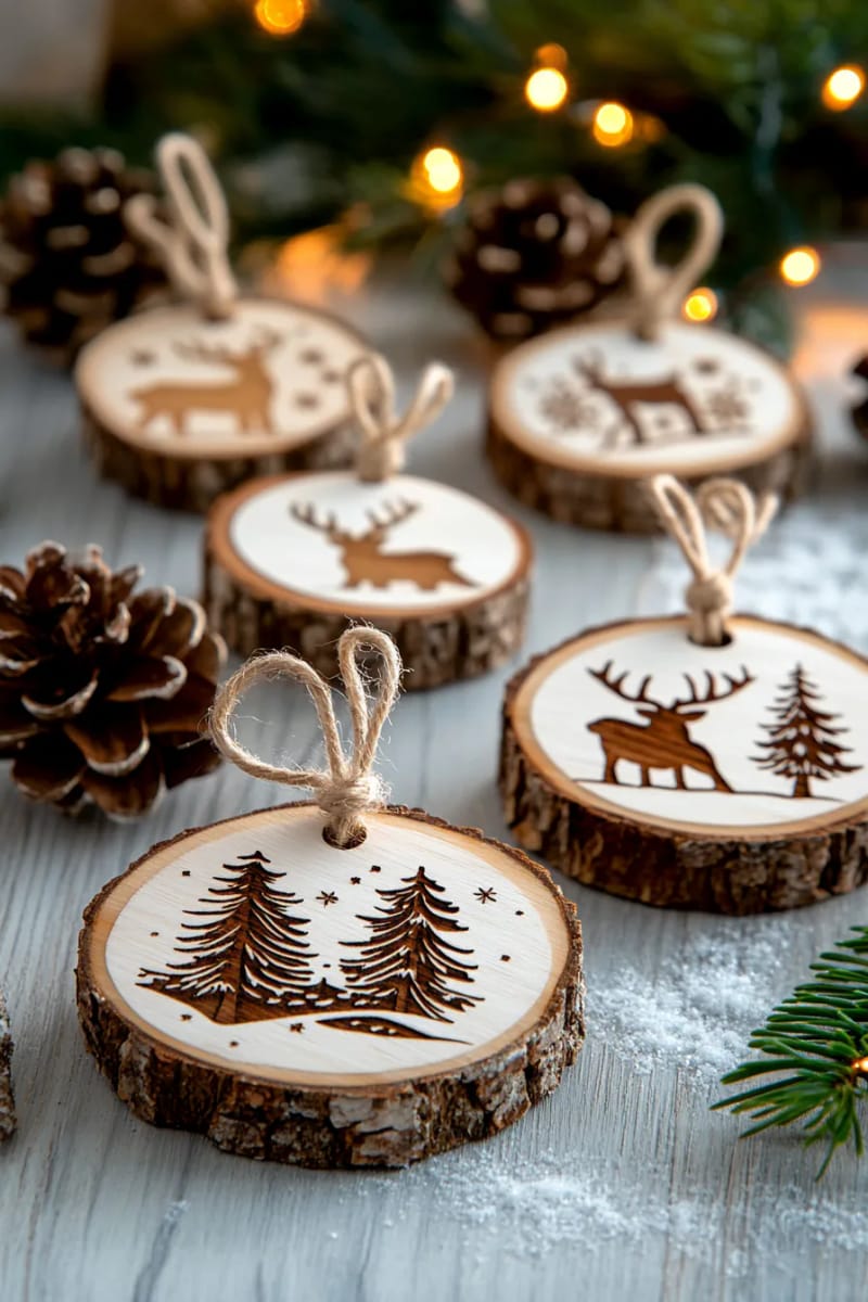 rustic wood slice ornaments with engraved winter forest scenes 1