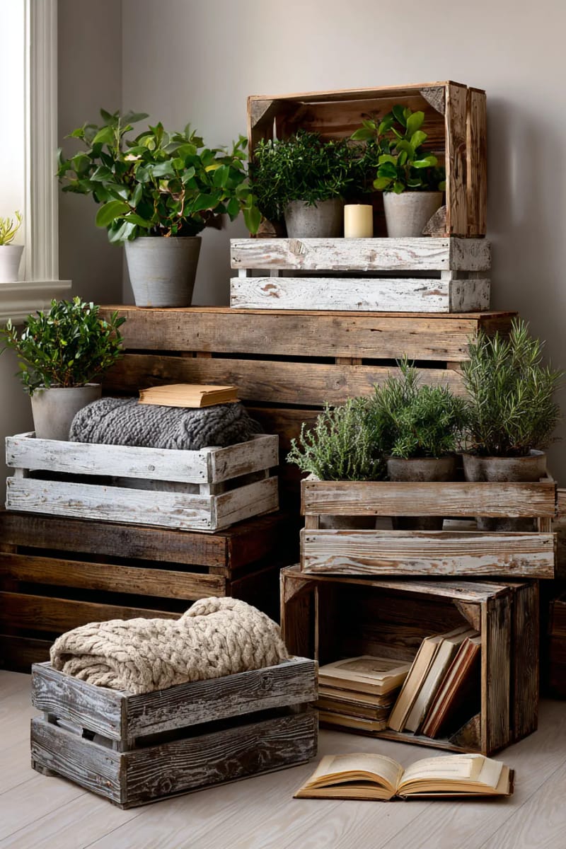 rustic wooden crates stacked for a cozy, earthy display 1