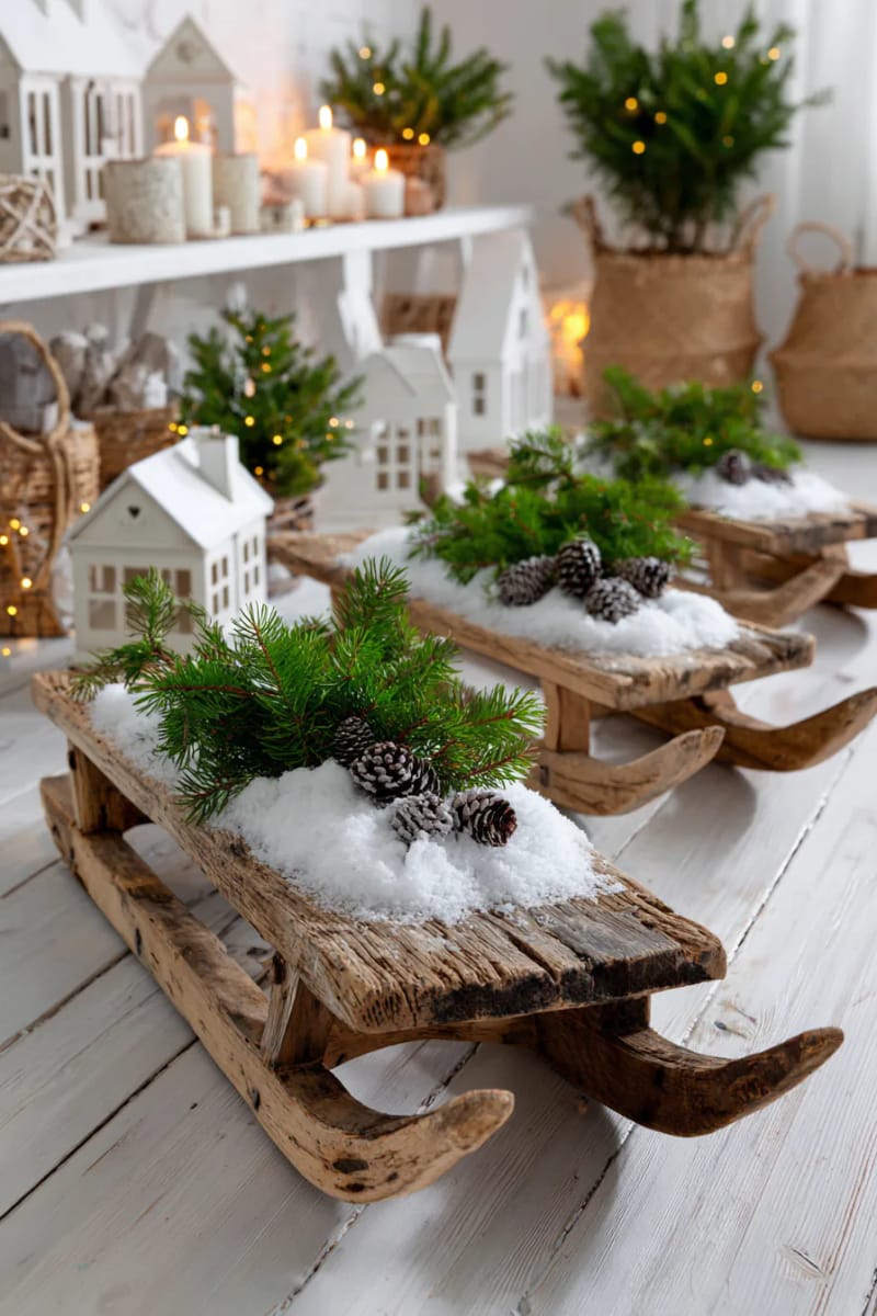 rustic wooden sleds topped with faux snow and greenery 1