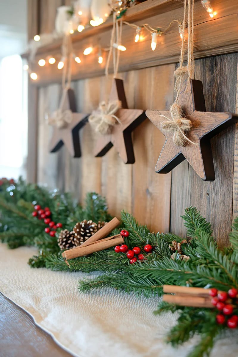 rustic wooden star ornaments paired with cinnamon stick bundles 1
