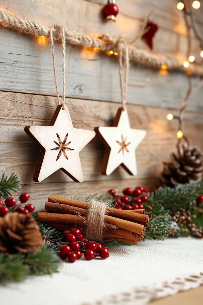 rustic wooden star ornaments paired with cinnamon stick bundles 1