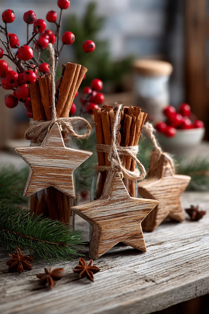rustic wooden star ornaments paired with cinnamon stick bundles 1