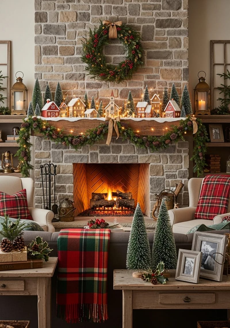 rustic wooden village scene with fairy lights and miniature christmas trees 1