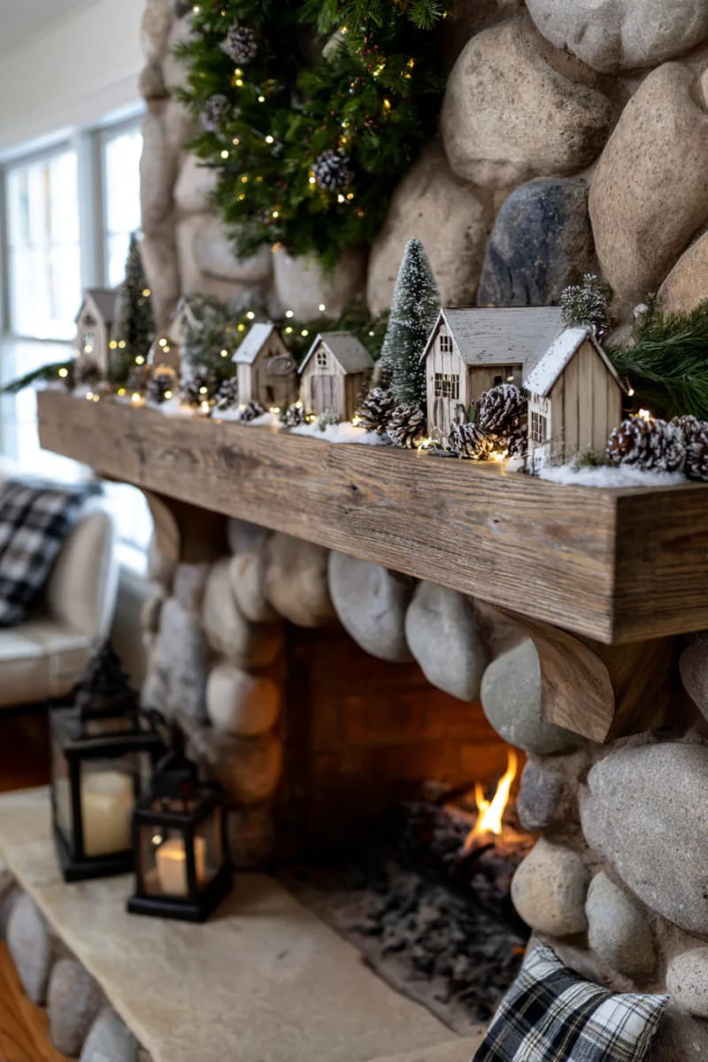 rustic wooden village scene with fairy lights and miniature christmas trees 1