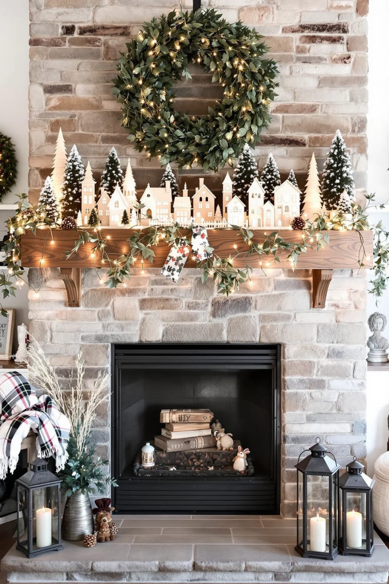 rustic wooden village scene with fairy lights and miniature christmas trees 1