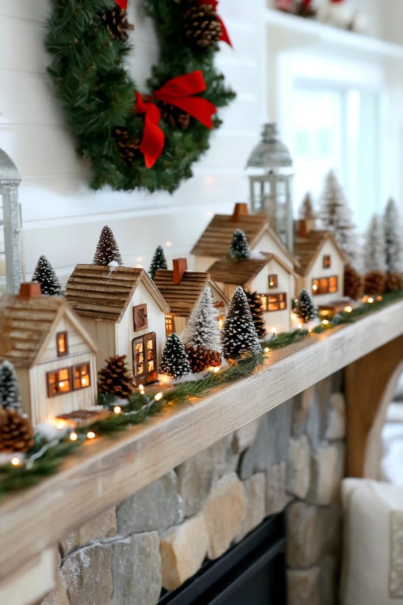 rustic wooden village scene with fairy lights and miniature christmas trees 1